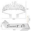 Semato Birthday Crown and Sweet 16 Sash Glitter Kit for Girls - Silver Metal Costume Circlet, Gold Shiny Cloth Sash with Pearl Pin - 16th Birthday Party Supplies and Favors