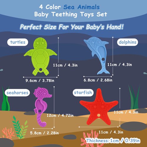 Yoolane Baby Teething Toys Teethers for Babies 3-24 Months Ocean Sea Animals Silicone Teether for Toddler Infant Boy Girl BPA Free Freezable Teething Relief Chew Toy Soothe Sore Gums | 4 Pieces Set