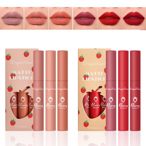 CHSEEO Cute Lipstick For Girls Women, 6-Color Matte Strawberry Capsule Lipstick Set, Waterproof Long Lasting Non Stick Cups Lipstick, Portable Colorful Velvet Lipsticks, Mini Size Makeup Pink #8