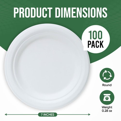 TaidMiao White Paper Plates, 7 Inch Paper Plates, 100 Pack Paper Plates Disposable Plates – 100% Compostable Plates, Water & Oil Proof Small Paper Plates, Microwavable Dessert Plates