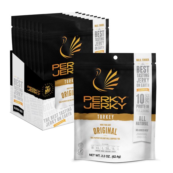Perky Jerky Original Turkey Jerky, Low Sodium - 10g Protein per Serving - Low Fat - 100% U.S. Sourced - Tender Texture and Bold Flavor, 2.2 Ounce (Pack of 12)
