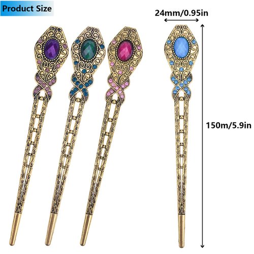 4 Pcs Chinese Vintage Rhinestone Hair Chopsticks Hair Clip Chignon Pin Hair Decor flower Hairpin Metal Hair Stick for Women