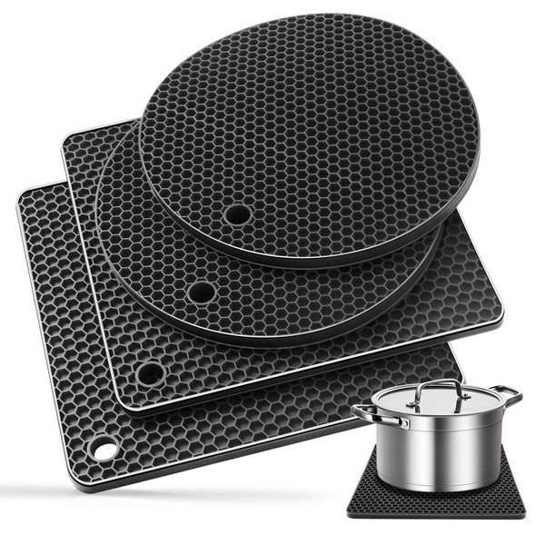 Ardanlingke Silicone Trivet Mats，Trivets for Hot Pots and Pans，Extra Thick Hot Pads for Kitchen，Multi-Purpose Pot Holder，Non-Slip Jar Opener，Gripper Pad，Drying Mat，Coaster (4 Pcs, Dark Gray)