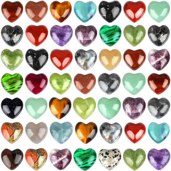 Fumete 50 Pcs Natural Heart Shaped Crystal Stones 0.6 Inch Worry Stones Healing Gemstone Gifts for Woman Mini Assorted Pocket Heart Stone for Energy Balancing Meditation