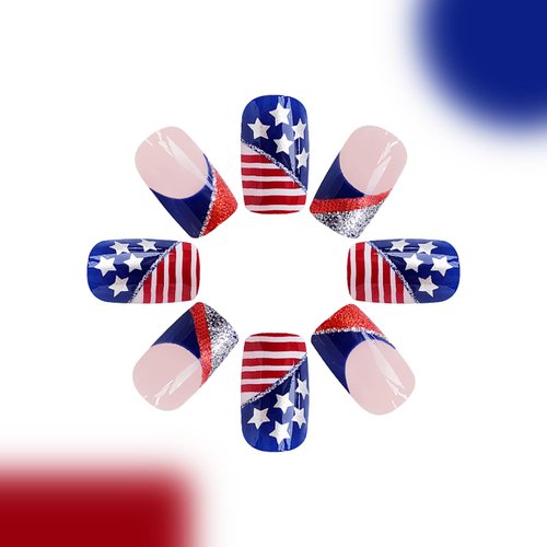 4th of July Press on Nails Short Square Fake Nails Red Blue French Tip False Nails with American Flag Designs Glitter Press on Nails Stick on Nails for Women Girls Independence Day Nails Press ons