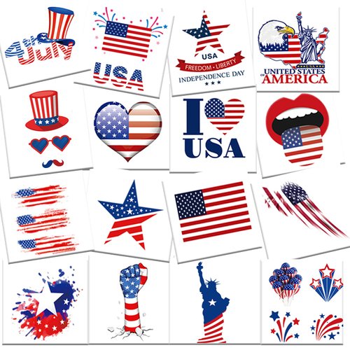 Fourth of July Tattoos, 21 sheets American Flag Temporary Tattoos, USA face tattoos, Red White Blue tattoos stickers, 4th of July, Independence Day, Memorial Day, Patriotic Theme Party Supplies
