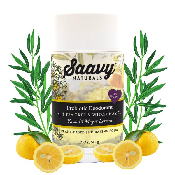 2 PACK- Saavy Naturals Probiotic Deodorant, Aluminum-Free, Baking Soda Free, No Residue, All Day Protection for Women and Men, Natural Vegan Formula, Yuzu and Meyer Lemon - 1.7 Oz