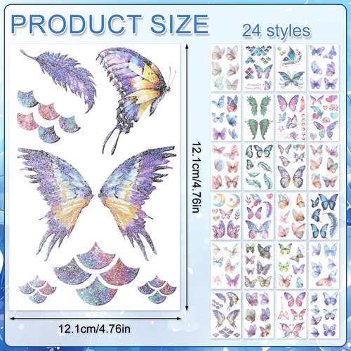 24 Sheets Glitter Butterfly Tattoos, Waterproof Butterfly Temporary Tattoo Sticker Eye Arm Face Body Makeup Temporary Tattoos for Women Girls Party Favors Festival Makeup