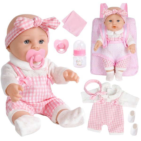 DONTNO 12 Inch Baby Doll with Clothes and Backpack Carrier,Newborn Baby Doll Includes Doll Clothes,Blanket,Pacifier,Bottle,First Baby Dolls for Toddlers 36 Months and Up