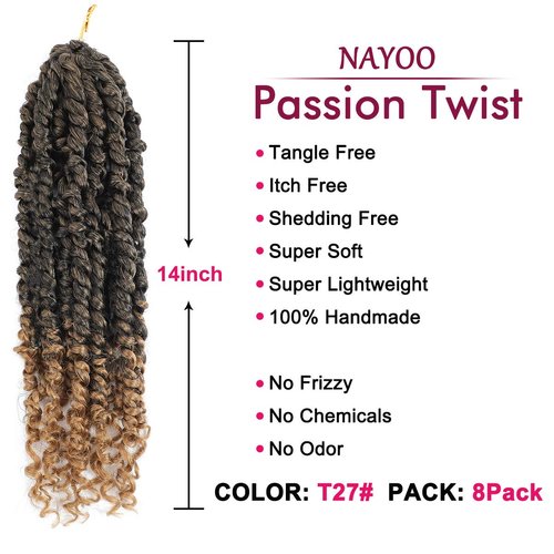 Passion Twist Hair - 8 Packs 14 Inch Passion Twist Crochet Hair For Women, Crochet Pretwisted Curly Hair Passion Twists Synthetic Braiding Hair Extensions (14 Inch 8 Packs, T27)