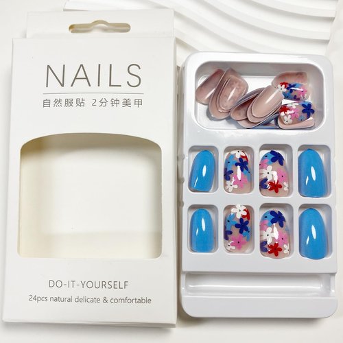 Blue Flower Press on Nails Short Oval Fake Nails with Nail Glue Natural Fit False Nails with Colorful Floral Glue on Nails Glossy Acrylic Nails Cute Spring Stick on Nails for Women Manicure 24Pcs