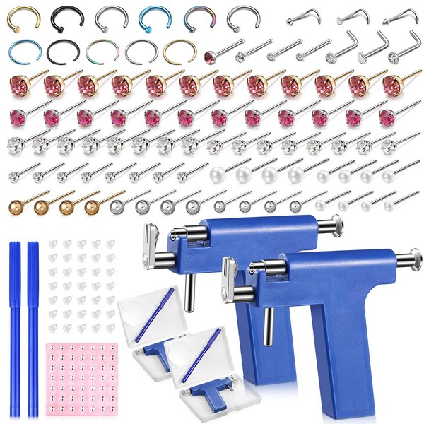 Honoson 158 Pieces Ear Piercing Kit Nose Ear Piercing Disposable Ear Piercing Tool Body Ear Nose Navel Piercing Machine Ear Piercing Machine Piercing Stud Earrings for Women Girls (Blue)