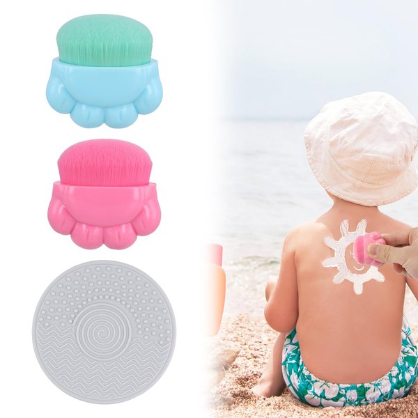 2pcs Sunscreen Applicator, Sunblock Buddy Brush with Protective Case Portable Sun Lotion Applicator Soft Bristle Foundation Sun Cream Brush Set with Brush Cleaning Pad for Kids Children Travel