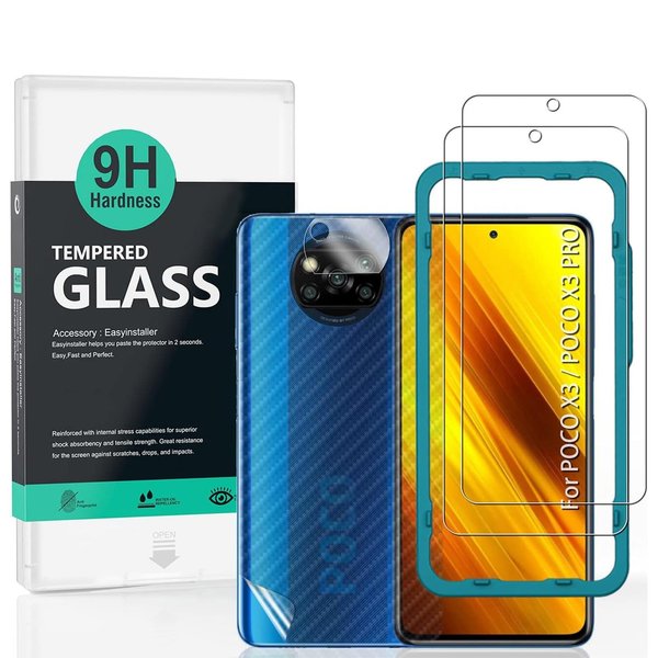 Ibywind Screen Protector For Xiaomi Poco X3/X3 Pro,with 2Pcs Tempered Glass,1Pc Camera Lens Protector,1Pc Backing Carbon Fiber Film [Fingerprint Reader,Easy to install]