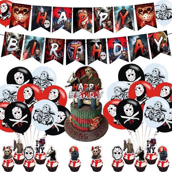 Friday The 13th Birthday Party Supplies, Horror Movie Theme Birthday Party Decorations, Includes Cupcake Toppers Banner ,18 Balloons,Have a Killer Theme for Birthday Party