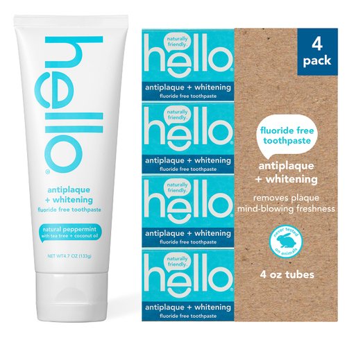 hello Antiplaque and Whitening Fluoride Free Toothpaste, Natural Peppermint Flavor, SLS Free, Gluten Free, Peroxide Free, Vegan, 4.7 Ounce (Pack of 4)