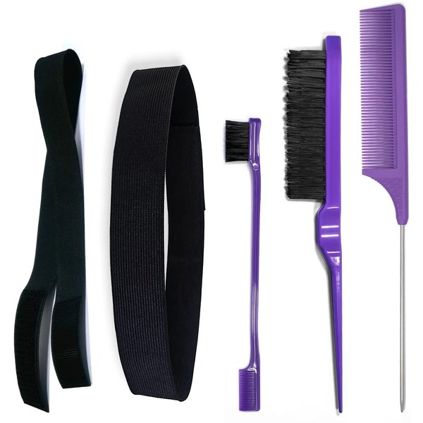adorisla Adjustable Elastic Bands and Brush Set Lace Melting Band Melt Straps Lace Frontal Wig Wrap Strips for Wigs and Hair Brush Set Edge Brush and Comb for Edge Control Wig Purple