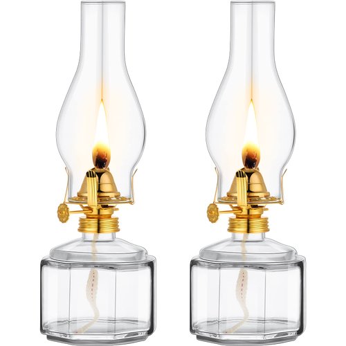 2 Pieces Chamber Oil Lamp Classic Kerosene Lamp Lantern Vintage Oil Lantern Decorative Clear Hurricane Lamp with Adjustable Fire Wick for Home Indoor Use, 13 Inch Height