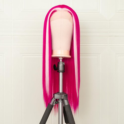 ELESTY Synthetic Lace Front Wigs Red Highlight Pink Long Straight Glueless Lace Wigs Middle Part Heat Resistant Fiber Hair Cosplay Wigs Party Wigs for Women