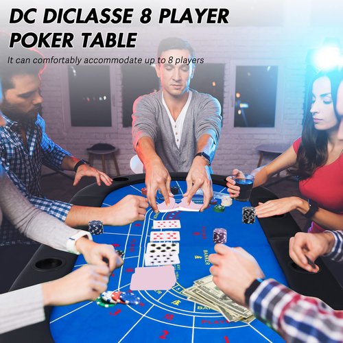 DC DICLASSE Foldable Poker Table, Card Table w/Cup Holder,Casino Leisure Table Texas Hold 'Em Poker Table for Blackjack Board Game,Blue Speed Felt,No Assembly Required(Baccarat)