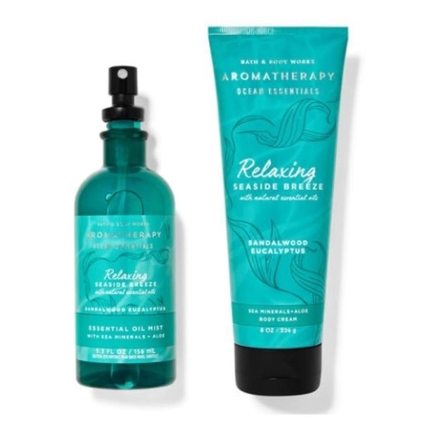 B & Body Works Bath and Body Works - Aromatherapy - Ocean Essentials - Sandalwood Eucalyptus - Essential Oil Mist & Body Cream - Gift Set,Full Size