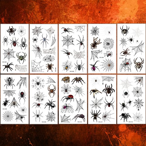 Casciybo 10 Sheets Halloween Spider Web Temporary Tattoos for kids Adults, Realistic Spider Fake Tattoo Stickers Halloween Cosplay Party Favors, Halloween Gifts Goodie Bag Fillers