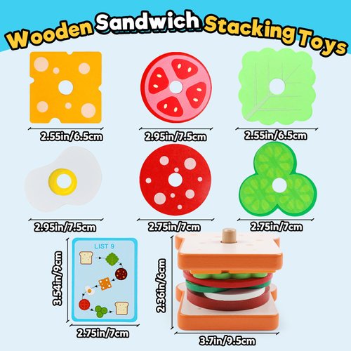 Wooden Sandwich Sorting Stacking Toys Play Food Set for Toddlers Preschool Educational Montessori Toys Fine Motor Toys for Kids Boys Girls