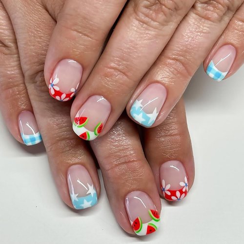 Tyuimhx French Tip Press on Nails Oval Short Fake Nails With White Star Flowers Watermelon Designs Glossy Full Cover False Nails Acrylic Stick on Nails Reusable Artificial Nails for Women 24Pcs