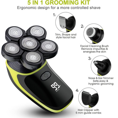 Telfun Head Shavers for Bald Men, 5-in-1 Head Electric Razor with Nose Hair Sideburns Trimmer, Waterproof Wet/Dry Mens Grooming Kit, LED Display, IPX7-Waterproof, Gifts Travel Case
