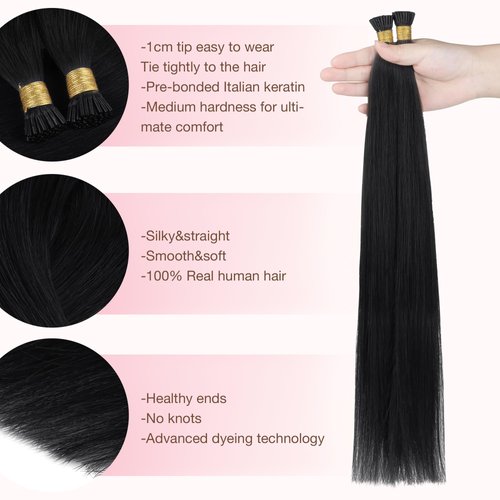GOO GOO I Tip Hair Extensions Real Human Hair, 24inch 50g 50S, Cold Fusion I Tip Hair Extensions, Invisible Remy Hair Extensions, #1 Jet black