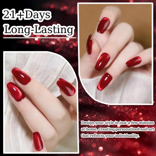 Wimocacy Cat Eye Gel Nail Polish Holographic Glitter Gel Polish Magnetic Nail Polish with Magnet for Salon Nail Art Home DIY (Ruby Red)
