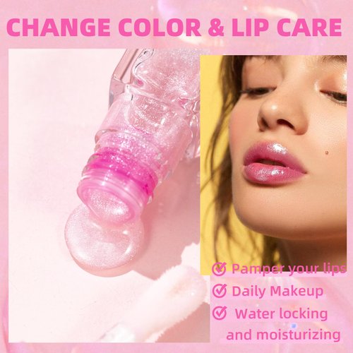 Petansy Magic Color Changing Lip Oil V2 Shimmery Glitter Lip Gloss Set High Shine Lip Glow Long Lasting Moisturizing Syrupy Gloss