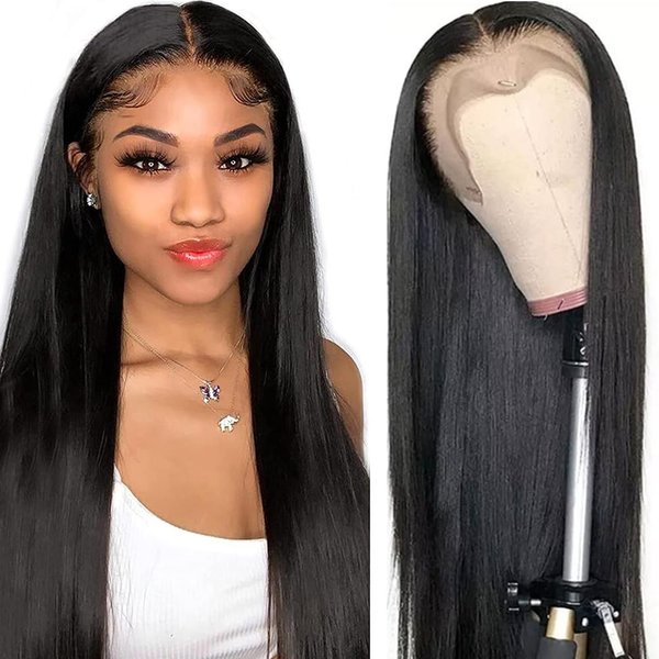 mdgfge 26inch Straight Lace Front Wigs Transparent Lace Frontal Wig Human Hair Pre Plucked 180 Density Brazilian Virgin Natural Hairline Wig for Women Girls Glueless Natural Black Daily Use