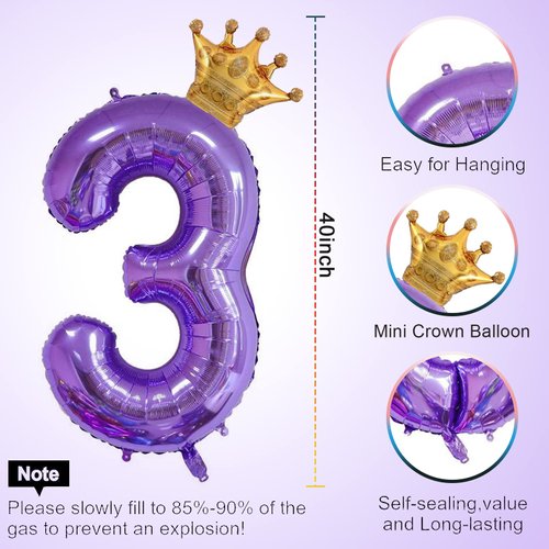40 Inch Purple Number 3 & Mini Crown Balloon for Birthday Party Decorations, 3rd Birthday Party Decorations Purple Theme Party Balloons Decorations Supplies