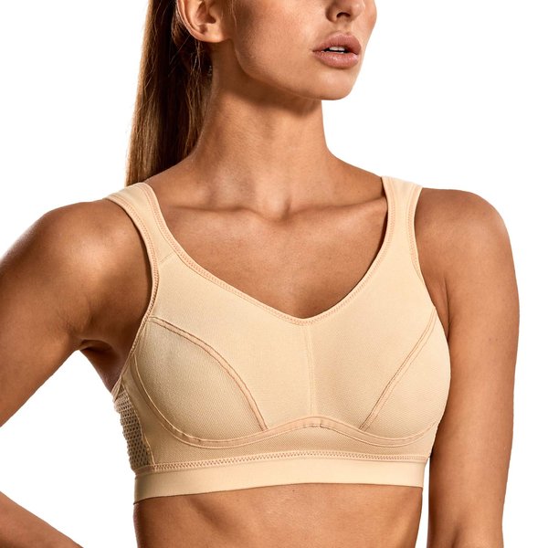 SYROKAN Women's Sports Bra Wireless Comfort High Impact Support Bounce Control Plus Size Workout Bra Beige 38C
