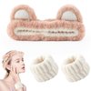 TUCEWP Face Wash Headband and Wristband Set Cute Bear Ear Makeup Cosmetic Headband Soft Fluffy Spa Skincare Headband with Wristband Prevent Liquid from Spilling Elastic Facial Headbands Women Girls