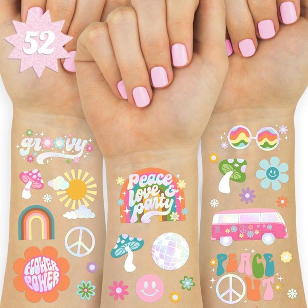 xo, Fetti Groovy Rainbow Birthday Party Temporary Tattoos - 52 Styles | Disco Party Supplies, Happy Pastel Birthday Decorations, 70s Baby Shower Favors, Cool Retro Peace Gift