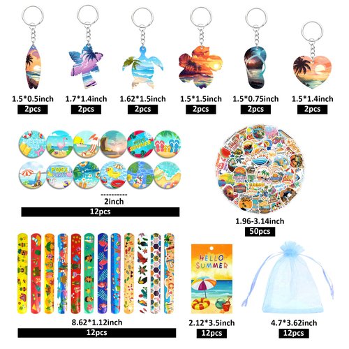 110 PCS Swimming Pool Beach Party Favors Hawaiian Goodie Bags with Keychains Stickers Slap Bracelets and Bags for Summer Themed Birthday Party Hawaiian Aloha Party