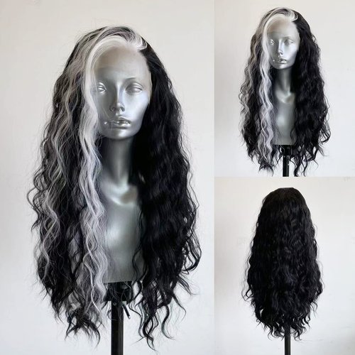 RONGDUOYI Black Curly Wig with Highlights Synthetic Lace Front Wigs for Women Natural Hairline Black Mix White Long Wave Wig Daily Use Synthetic Hair Wig Cosplay