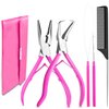 Beauty & Crafts Hair Extension Tools- Stainless Steel Pliers Set for Micro Beads- 1 Crochet Needle 1 Pulling Hook with Tail Comb- Micro Links Tool Kit with Leather Pouch- (Pink)