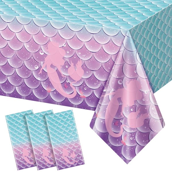 3Pcs Mermaid Birthday Party Favors Mermaid Tablecloth Decorations Disposable Plastic Table Cover for Princess Under The Sea Baby Shower Themed Birthday Party Favors,108x54 Inch