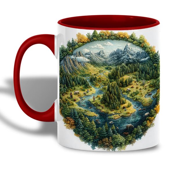 ANOVRA Earth Day Ceramic Mug - Mountain and River Nature Coffee Cup - Eco Friendly Landscape Art - Sustainable Design for Environmental Awarenes, 11oz