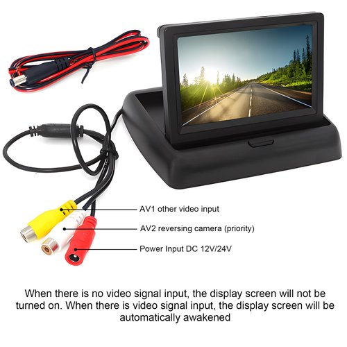 B-Qtech 4.3 inch Foldable TFT LCD Backup Camera Monitor Screen only Rear View Reverse Display Screen, V1/V2 Two Video Input, 12V/24V Vehicle Backup Camera Display for Car Backup Van Truck