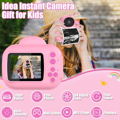Kids Camera Instant Print Camera for Kids, Christmas Birthday Gifts for Girls Boys, 1080P HD Digital Video Cameras for Toddler, Portable Camera Toy for 4 5 6 7 8 9 10 Year Girl with SD Card (Pink)