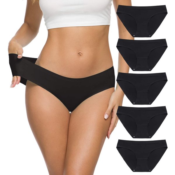 Wealurre Seamless Underwear for Women No Show Panties Soft Stretch Hipster Bikini Underwears 5-Pack (Black-M)