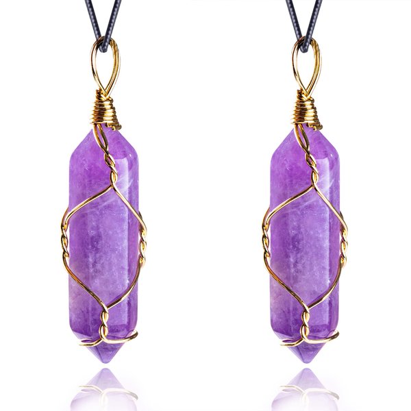 2pcs Natural Healing Crystal Necklace - Real Amethyst Crystals Necklaces Gold Wire Wrapped Hexagonal Double Pointed Crystal Pendant Necklace for Women