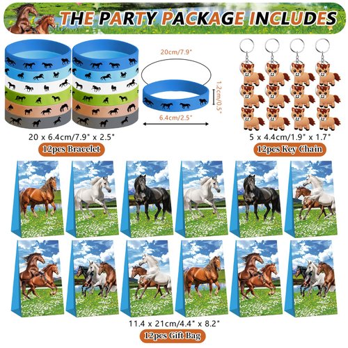113 PCS Horse Party Favors Set, 41 Horse Stickers, 12 Goodie Bags,12 Button Badges, 12 Keychains, 12mini notepads,12 rubber bracelets for Cowboy Cowgirl Animal Horse Birthday Party Supplies (Blue)