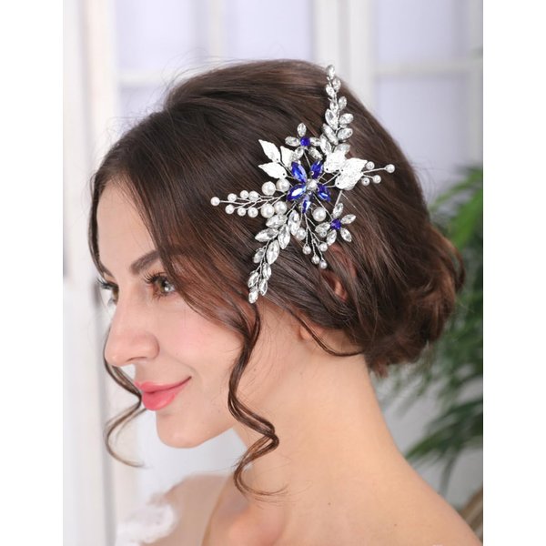 Teyglen Silver Leaf Headpiece Flower Bride Wedding Hair Comb Bridal Crystal Hair Comb Pearl Rhinestone Hair Piece Hair Accessories for Women Girls