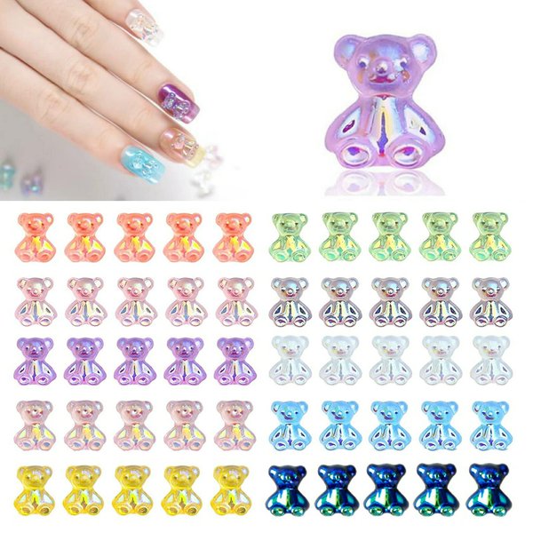 3D Bear Nail Charms 50PCS 10 Color Resin Crystal Glitter Cute Bear Nails Art Accessory for Women Girl DIY Acrylic Nail Design Supplies