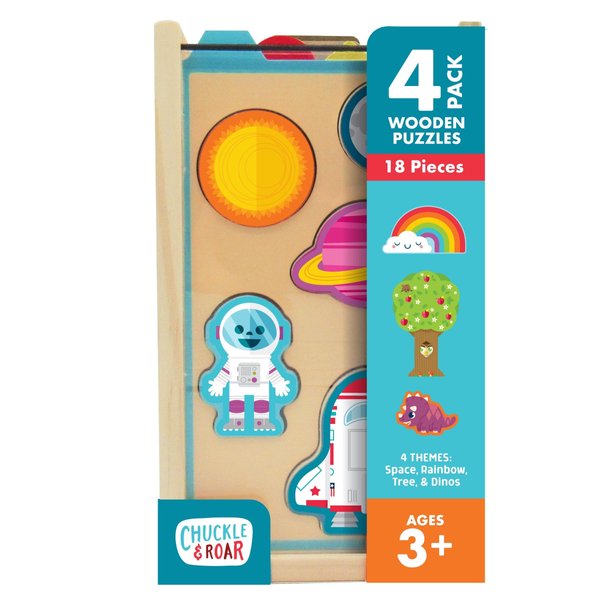 Chuckle & Roar - 4 Pack Wooden Pullout Puzzle - Fun and Educational Wooden Puzzle for Kids - Develops Fine Motor Skills - 18 Total Wooden Pieces